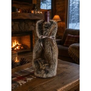 Restoration Hardware Faux Fur Wine Bottle Cover Brown Rustic Decor Accessory